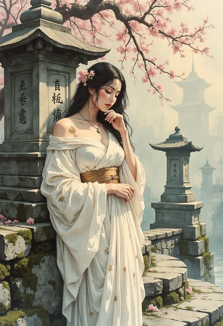 A delicate and atmospheric watercolor painting rendered with masterful impressionist classical style, capturing the serene and intimate ambiance of a mist-covered courtyard in a traditional Japanese garden. The composition is beautifully crafted with soft, flowing brushstrokes and ethereal layers of translucent color, creating a dreamlike, almost haunting atmosphere that envelops the scene in quiet elegance and poetic tranquility.
The setting is a secluded courtyard nestled within an ancient Japanese garden, shrouded in a thick, ghostly mist that curls and drifts through the air, blurring the edges of reality. The mist is painted in soft washes of pale gray and muted white, its translucent layers overlapping to create depth and movement as it swirls gently around the stones and vegetation. The delicate fog seems almost alive, swirling languidly around the woman’s feet and intertwining with the flowing fabric of her kimono, enhancing the ethereal, otherworldly ambiance.
The courtyard is paved with smooth, weathered stones that form a winding path leading into the misty expanse, their surfaces damp and slightly reflective under the diffused light. Small patches of soft, emerald-green moss grow between the stones, their vibrant color muted by the mist. Delicate cherry blossom petals lie scattered on the ground, their pale pink hues standing out gently against the cool, gray stones, adding a touch of quiet melancholy to the composition.
In the background, faint silhouettes of ancient cherry blossom trees loom through the fog, their gnarled branches arching gracefully overhead. The trees are painted with delicate, flowing brushstrokes, their forms fading softly into the white space of the fog, enhancing the sense of depth and distance. Clusters of pale pink blossoms cling to the branches, their fragile petals glowing faintly against the ghostly mist. The blossoms are rendered with gentle, translucent washes, their colors diffused and softened, contributing to the tranquil, dreamlike atmosphere.
Partially shrouded in the swirling mist stands an ancient stone lantern, its weathered surface carved with intricate patterns that are only faintly visible through the fog. The lantern is a majestic yet quiet presence, its edges softened by the moisture in the air, giving it an ethereal, spectral appearance. The stone is textured and aged, covered with patches of soft, green moss that cling to its base, suggesting centuries of quiet solitude. Its top is slightly slanted, as if bowing gracefully to the passing of time, enhancing the poetic, nostalgic ambiance.
Leaning against the stone lantern is a beautiful Japanese woman, her delicate form framed by the cascading mist and the ancient stone. She is draped in a loose, off-shoulder kimono made of soft, flowing silk that shimmers faintly under the diffused light. The kimono is painted with gentle, flowing brushstrokes, its fabric billowing softly around her slender figure as the mist weaves through its folds. The light ivory fabric is adorned with elegant crane motifs, their long, graceful necks and outstretched wings painted in delicate silver and gold ink that catches the light with subtle iridescence.
One sleeve of the kimono slips down her shoulder, revealing the smooth curve of her bare skin, pale and luminous against the soft, muted background. Her skin is painted with delicate, translucent washes that create a porcelain-like glow, emphasizing her ethereal beauty. The delicate contrast between her pale skin and the flowing fabric enhances her presence, drawing the viewer's gaze to her serene, introspective expression.
Her long, silky black hair cascades over her chest in loose, flowing waves, its inky darkness standing out beautifully against the light fabric of her kimono. Some strands fall softly over her face, partially obscuring her delicate features and adding a touch of mystery to her contemplative gaze. Her hair is painted with fluid, sweeping brushstrokes that give it a sense of movement, as if stirred by a gentle breeze.
Partially hidden beneath her cascading hair is a delicate necklace featuring a crescent moon, its fine, gold chain gleaming softly against her pale skin. The crescent moon pendant is exquisitely detailed, shimmering with a faint, ethereal glow that matches the delicate gold accents on her kimono. The necklace rests gracefully against her collarbone, enhancing the gentle curve of her neck and the exposed shoulder, adding a touch of quiet elegance and delicate vulnerability.
Her expression is serene and introspective, her large, almond-shaped eyes lowered in quiet contemplation, her long lashes casting faint shadows on her flushed cheeks. Her lips are softly parted, painted in a delicate blush pink that complements the cherry blossoms scattered at her feet. Her features are rendered with gentle, delicate brushstrokes, emphasizing her graceful beauty and poetic melancholy.
She raises a delicate hand to her cheek, her fingers curled softly, as if lost in thought or brushing away a strand of hair. Her hand is graceful and slender, her pale fingers blending softly into the muted background. The light catches her wrist and the gentle curve of her fingers, highlighting the elegance of her pose and the quiet vulnerability in her expression.
The light is soft and diffused, filtering through the mist in delicate beams that cast a faint, golden glow over her pale skin, emphasizing her form against the shadowy, ethereal background. The light wraps around her figure, creating a gentle halo effect that enhances her otherworldly presence. The contrast between the luminous light and the shadowy mist sculpts her form with delicate chiaroscuro effects, enhancing the depth and dimensionality of the composition.
The background fades gracefully into the white space of the fog, creating a minimalist, impressionistic composition that emphasizes her solitary presence amidst the ghostly beauty of the garden. The stone lantern, cherry blossom trees, and ancient courtyard are only faintly visible, their forms softly blurred and desaturated, contributing to the serene, dreamlike atmosphere.
The color palette is soft and muted, dominated by shades of ivory, pale pink, misty gray, and delicate gold, creating a harmonious, tranquil composition. The delicate washes of color and translucent layers of mist enhance the impressionistic, watercolor aesthetic, capturing the quiet elegance and poetic melancholy of the scene.
This impressionist classical-style watercolor painting is a masterful blend of ethereal beauty, poetic melancholy, and atmospheric tranquility. It captures the quiet intimacy of the mist-covered courtyard, the haunting elegance of the Japanese woman, and the serene, timeless beauty of the ancient garden. Every element, from the delicate crane motifs to the luminous crescent moon pendant, contributes to the enchanting, dreamlike narrative of solitude, reflection, and quiet elegance.