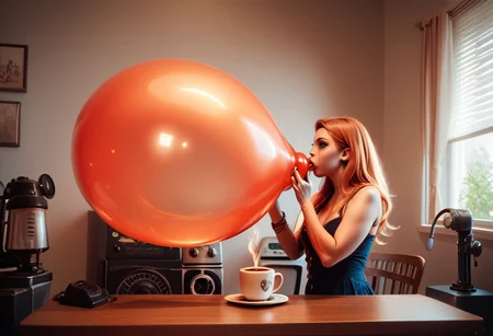 Coffee machine, score_9, score_8_up, score_7_up, score_6_up, score_5_up, score_4_up, flamestyle, perfect face, perfect eyes, she is blowing up a huge balloon, overinflating, the balloon shows wisps of flame inside it.