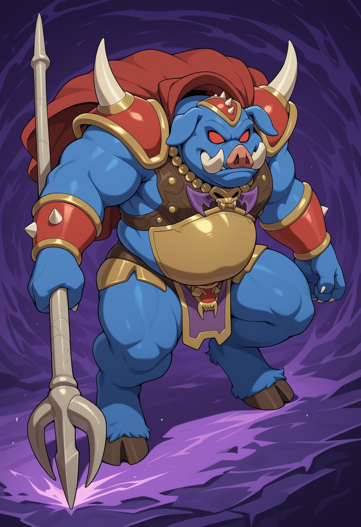 solo, abstract background, 1boy, male focus, ganon, pig, anthro, blue body, tusks, claws, chubby, red eyes, no pupils, muscular, thick thighs, armor, chestplate, belly, necklace, big hooves, hunchback, monster, cape, broad shoulders, polearm, attacking,
perfect anatomy, masterpiece, perfect quality, best quality, detailed, newest, very aesthetic    <lora:Ganon_TheLegendOfZelda_V1_ILXL:1.0000000000000002>