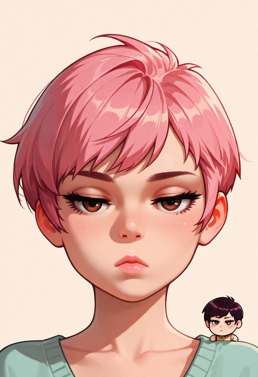 chibi, high contrast, masterpiece, best quality, amazing quality, very aesthetic, retro artstyle, realistic, promotional art, newest, volumetric lighting.
(artist:incase:0.5), (artist:tsuaii:0.5), color theory,
1girl, face, solo, straight-on, focus on face, front view, portrait, (bored: 1.5), Pixie cut, pink hair, brown eyes, luminescent background, simple background.