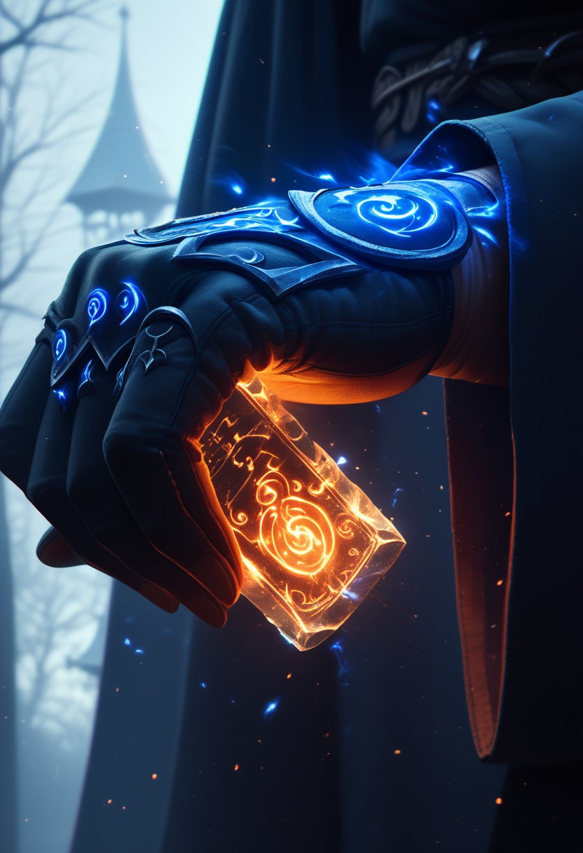 score_9,score_8_up,score_7_up, close up, macro shot, magic gloves with engraved runes, glowing symbols, no person, fantasy scene