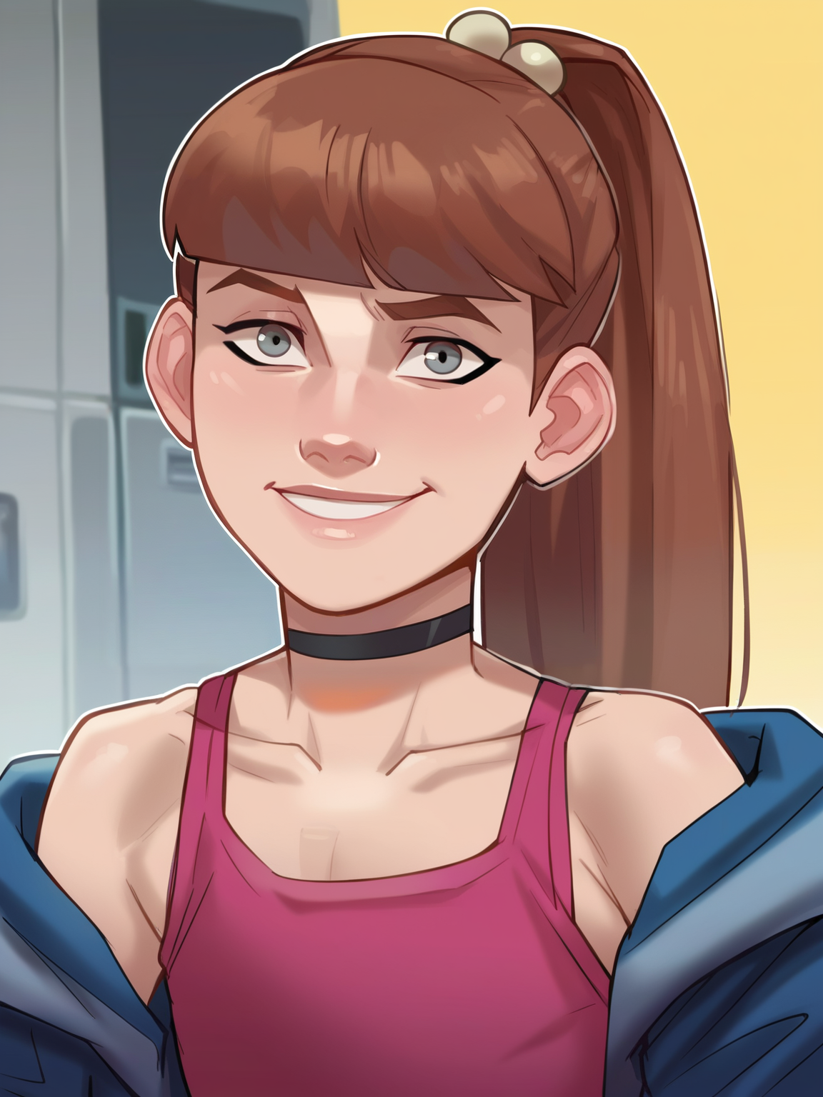 <lora:monster_girlv2:0.6> m_g, 1girl, brown ponytail hair, bangs, hairpin, small body, skinny body, grey eyes,   <lora:Lilandava_PDXL:0.9> lilandavastyle, 1girl, choker, looking at viewer, smile, score_9, score_8_up, score_7_up,