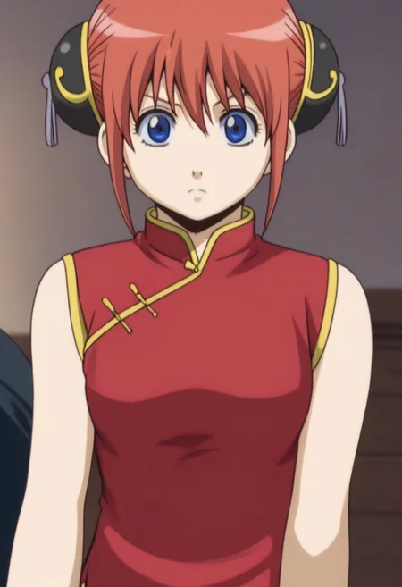 <lora:Kagura:0.8>blue eyes, red hair, Kagura red cheongsam with yellow piping outfit, Chinese clothes, double bun, bun cover, China dress,
