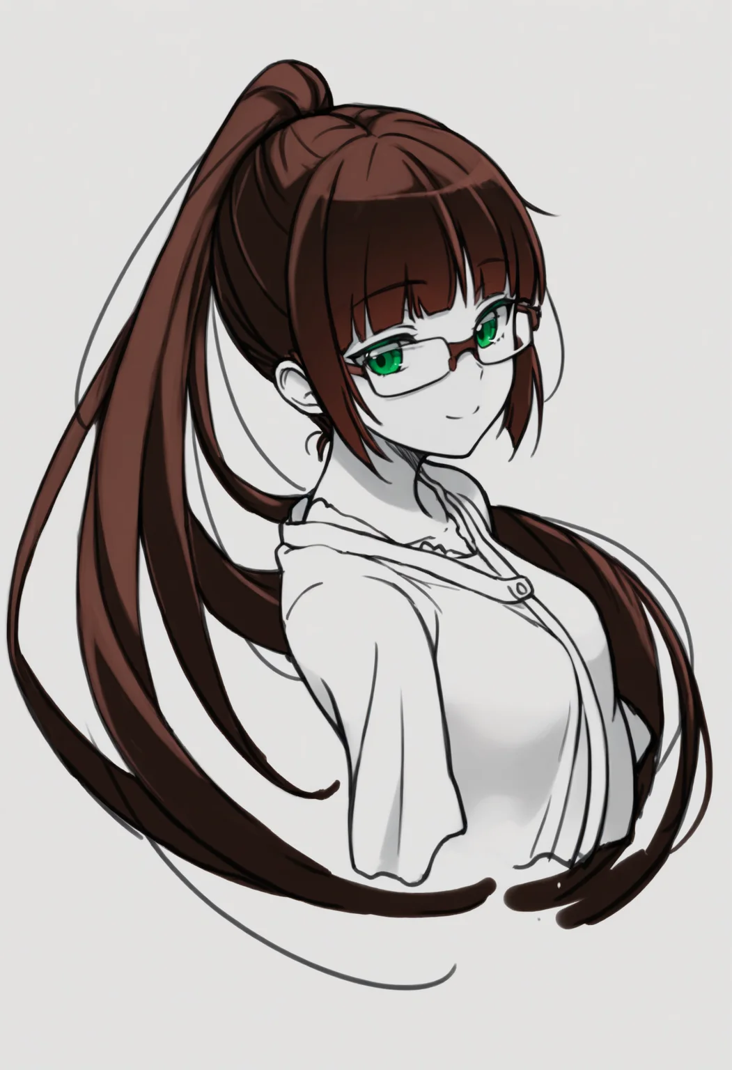 masterpiece, best quality, 1girl, solo, Rur1Miyam0to, green eyes, brown hair, very long hair, ponytail, bangs, glasses, greyscale, spot color, monochrome, lineart, sketch, graphite \(medium\), traditional media, cropped torso, three quarter view, looking at viewer, smile, <lora:ChamRuriMiyamotoNoob:1>