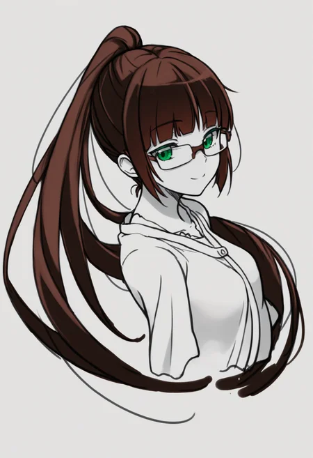 masterpiece, best quality, 1girl, solo, Rur1Miyam0to, green eyes, brown hair, very long hair, ponytail, bangs, glasses, greyscale, spot color, monochrome, lineart, sketch, graphite \(medium\), traditional media, cropped torso, three quarter view, looking at viewer, smile, <lora:ChamRuriMiyamotoNoob:1>