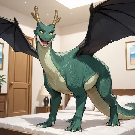 1girl, highres, absurdres, newest, masterpiece, best quality, furry, furry_female, Tohru_kobayashi, dragon, green scales, black wings, horns, tail, claws, yellow sclera, slit pupils, 1girl, spread wings, (quadruped, feral:1.4), detailed eyes, (standing, spread wings:1.2), open_mouth, open mouth smile, luxurious detailed room, bright room, day scene, professional lighting, white bed, solo, bedroom, smiling, seductive, looking_at_viewer, masterpiece, close up, safe