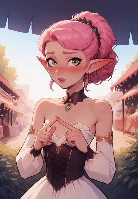 safe_pos, score_9, score_8_up, score_8, 1girl , solo, comedic sweatdrop, sexy elf woman, green eyes, pink hair, long straight hair, eyeliner, perfect face, elegant, refined, small breasts, bare shoulders, detached sleeves, dress, portrait,<lora:fidgeting-index-fingers-together-ponyxl-lora-nochekaiser:1>, fidgeting index fingers together, index fingers together, looking at viewer, nervous, fidgeting, blush, volumetric lighting, cinematic lighting, outdoors, festival