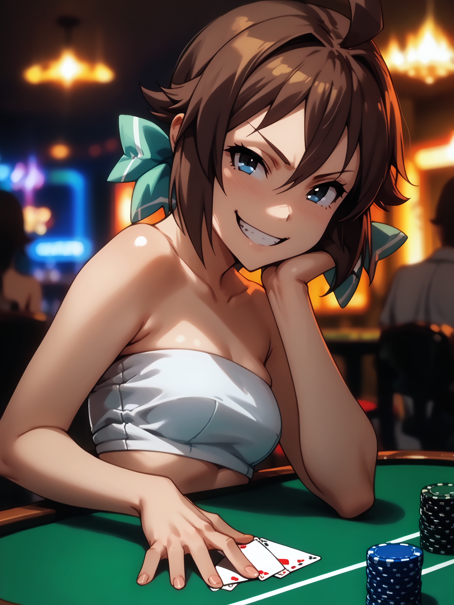 (upper body, solo focus:1.2) <lora:happy_tentacle-koinaka-mio-v0.1-000030:1>, ht_koinaka_mio, (petite:1.2), <lora:Shed_The_Skin's StS_age_slider_v1_initial_release:-1> ( (tube top :1.1) :1.1) ( , , ( naughty face :1.2) , evil smile , (looking at viewer:0.6) :1.2) indoors, , (casino:1.2), slot machine, poker table, ( :0.8) score_9, score_8_up, score_7_up, score_6_up, score_5_up, score_4_up, ( [(realistic, photorealistic:1.3):(realistic:1.2):16] [(3d:1.2)::14] :1) <lora:LUUNA's Lunas-NijiJourney-SDXL-B2:0.35>, nijijourney <lora:prgfrg23's Counterfeit-V3.0 Style SDXL_LoRA_Pony Diffusion V6 XL:0.6> <lora:mfcg's mfcgXL:0.12> <lora:reweik's gyokai(himehajime)_PonyXL_style_v01:0.14> (blue eyes, green bow:0.5)