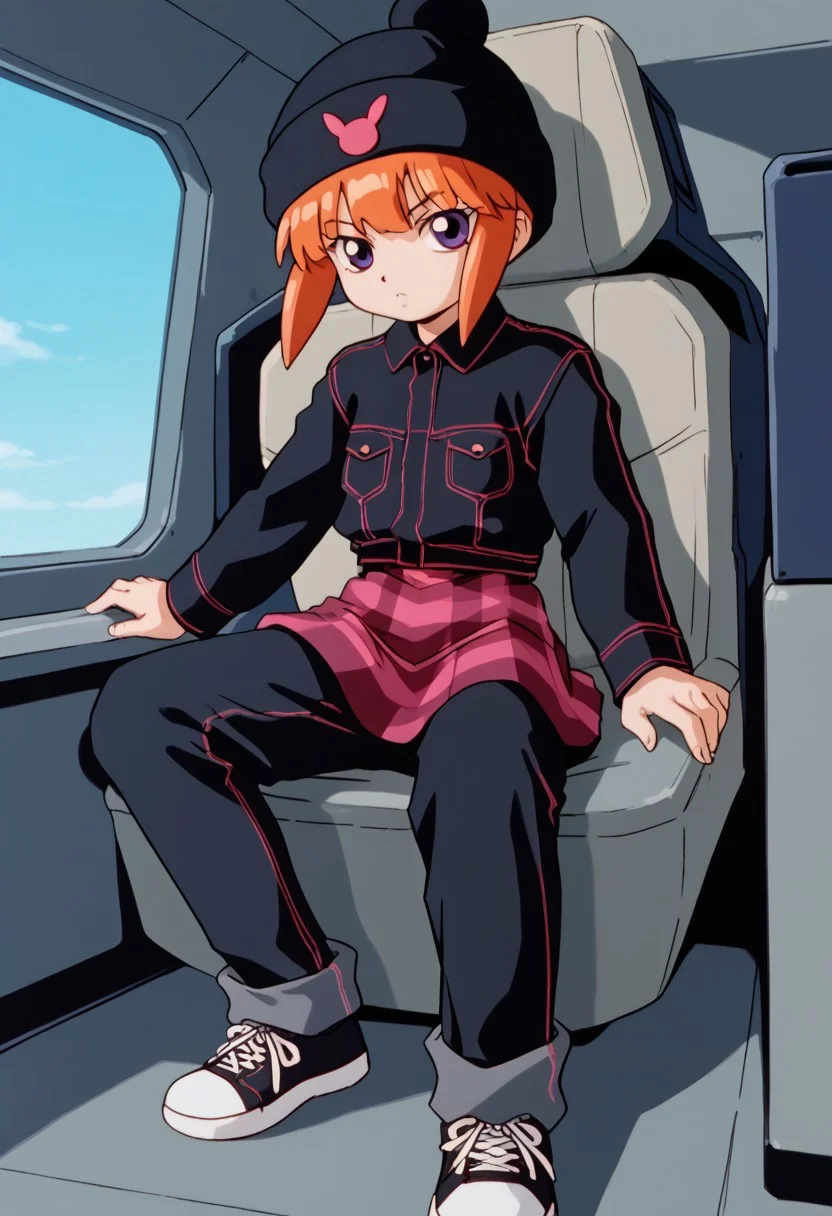 score_8, score_8_up, score_7_up, AWGXS, anime screenshot, retro artstyle,1990s (style), cel animation BREAK 1girl, female focus, solo, looking at viewer, usagi_kurokawa, beanie, black headwear, hat ornament, orange hair, bangs, short hair, sidelocks, denim jacket, black jacket, collared jacket, breast pocket, long sleeves, skirt, plaid skirt, pants under skirt, black pants, jeans, sneakers, black footwear, cockpit, sitting, standing, looking at viewer, straight-on, serious expression,
