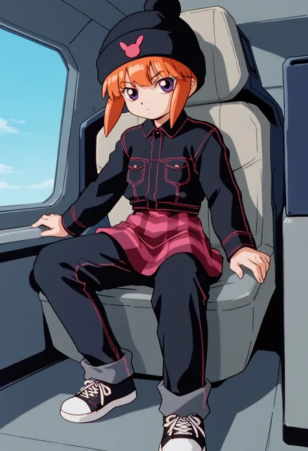 score_8, score_8_up, score_7_up, AWGXS, anime screenshot, retro artstyle,1990s (style), cel animation BREAK 1girl, female focus, solo, looking at viewer, usagi_kurokawa, beanie, black headwear, hat ornament, orange hair, bangs, short hair, sidelocks, denim jacket, black jacket, collared jacket, breast pocket, long sleeves, skirt, plaid skirt, pants under skirt, black pants, jeans, sneakers, black footwear, cockpit, sitting, standing, looking at viewer, straight-on, serious expression,