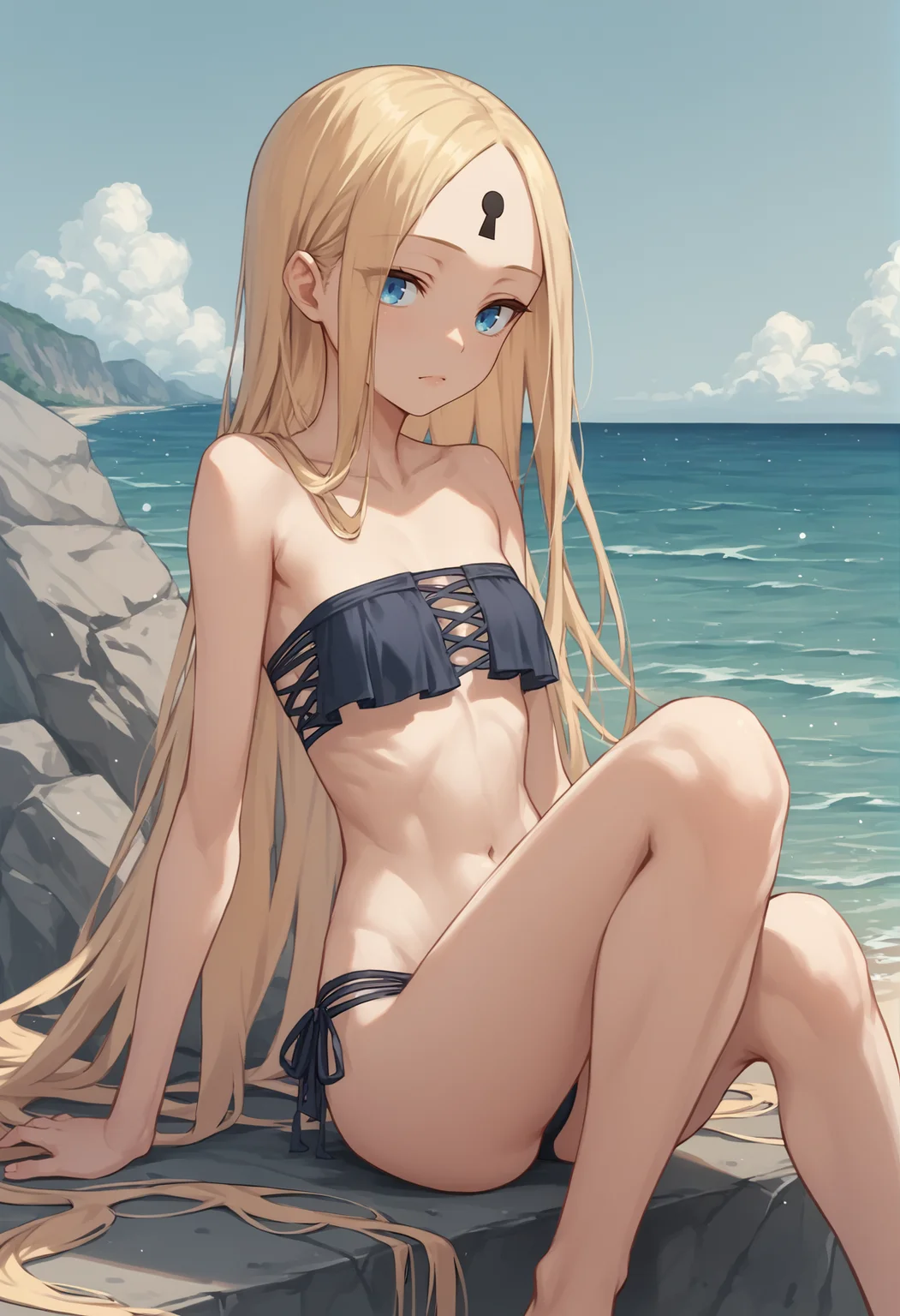 1girl, blonde hair, long hair, blue eyes, forehead, bikini, sitting <lora:abby_xl:1>, score_9, score_8_up, score_7_up, score_6_up, score_5_up, score_4_up, BREAK source_anime, masterpiece