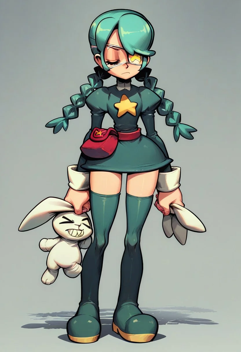 Score_9, Score_8_up, Score_7_up, Score_9, Score_8_up, Score_7_up, <lora: annie skullgirls>, 1girl, thighhighs, eyepatch, twin braids, thigh boots, braid, boots, solo, pouch, zettai ryouiki, green hair, star (symbol), belt pouch, closed eyes, green footwear, stuffed bunny
