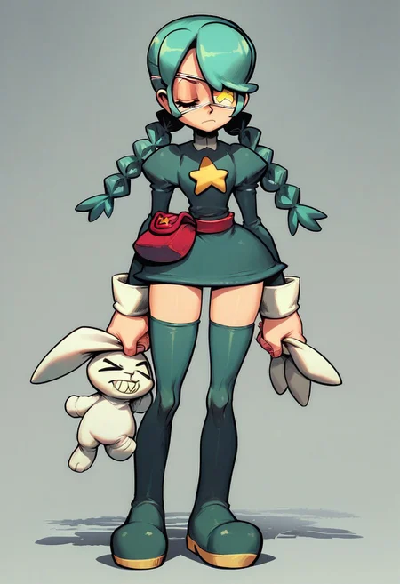 Score_9, Score_8_up, Score_7_up, Score_9, Score_8_up, Score_7_up, <lora: annie skullgirls>, 1girl, thighhighs, eyepatch, twin braids, thigh boots, braid, boots, solo, pouch, zettai ryouiki, green hair, star (symbol), belt pouch, closed eyes, green footwear, stuffed bunny