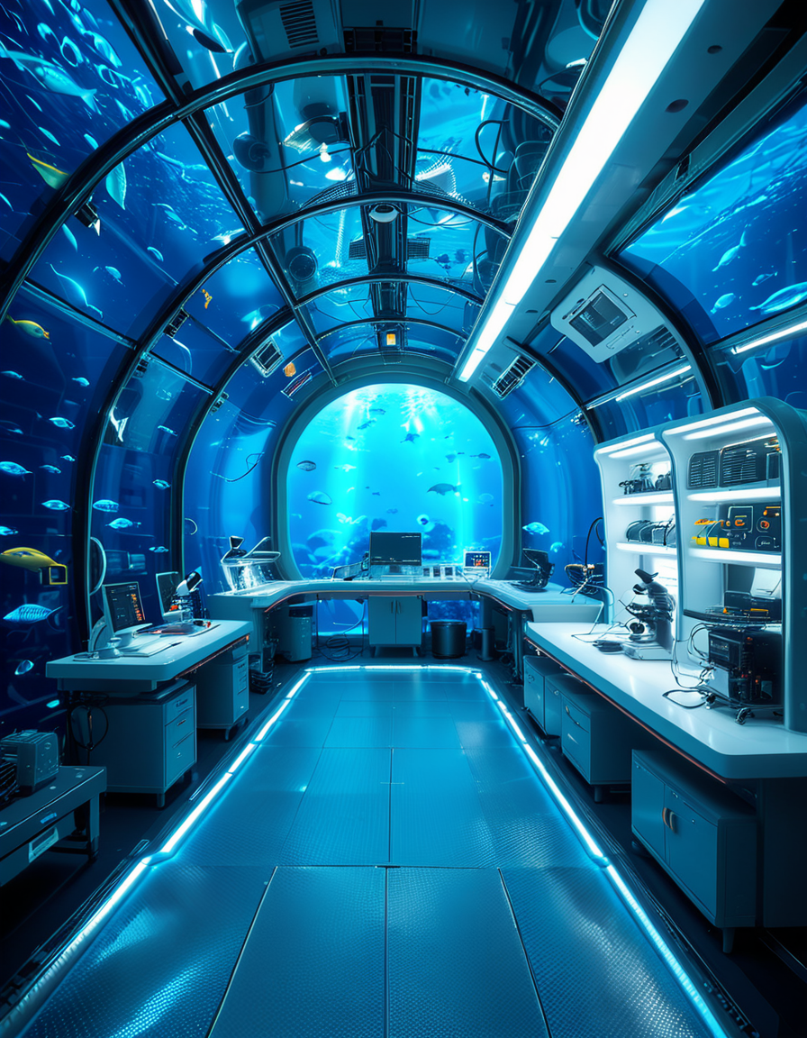 A futuristic underwater research laboratory,underwater research l4b0r4t0ry, located deep beneath the ocean's surface, surrounded by vibrant marine life and illuminated by soft, bioluminescent lighting. The laboratory features large, reinforced glass domes offering a panoramic view of the surrounding blue abyss, with schools of colorful fish and rays of sunlight filtering through the water above. Inside, advanced scientific equipment, glowing computer screens, and researchers in modern wetsuits or lab coats are visible, conducting experiments. The structure is sleek and metallic, with curved, aerodynamic designs to withstand water pressure. Coral reefs and marine plants grow nearby, adding natural beauty. The lighting is a mix of cool, bluish tones, with faint yellow lights from the laboratory windows creating a contrast. The atmosphere is calm yet futuristic, with a focus on scientific exploration and harmony with the marine environment.
<lora:SDXLFaeTastic2400:0.4> <lora:extremely_detailed:0.4> extremely detailed, <lora:underwater_research_l4b0r4t0ry:1>
