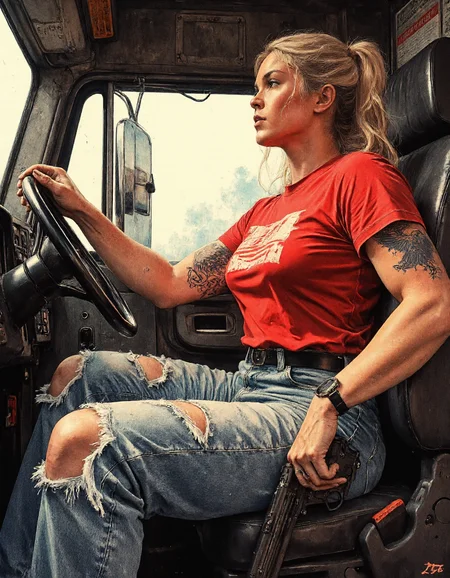 Peterbilt 379 Trucks, strong karolineleavitt woman with big fist is driving a truck, the woman has a red MAGA shirt, and an eagle tattoo on his shoulder, power and strengths, a rebellious karolineleavitt woman. One hand is on the steering wheel, the other hand holds a gun, a magnum 44.  Captured from a three-quarter angle, emphasizing both their expression and background behind. The clothes are worn and the pre-washed and torn jeans have oil stains.  <lora:CPA:0.7> <lora:RetroAnimeFluxV1:0.7> <lora:Mezzotint_Artstyle_for_Flux_-_by_Ethanar:0.7> anime <lora:Karoline_Leavitt_FLUX:1>