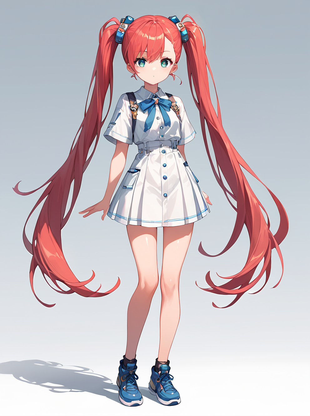 score_9, score_8_up, score_7_up,source_anime, high res image,masterpiece,best quality,girl,cute face,clear skin,shiny hair,ultra detailed eyes,simple background,  <lora:long twintail_pony_V1.0:1.2> twintails,very long hair,full body