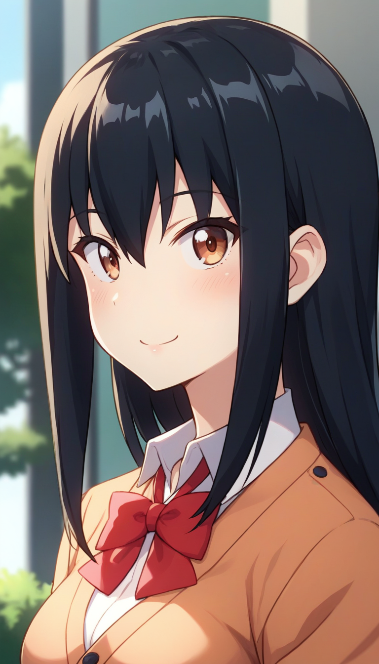 score_9,score_8_up,score_7_up,score_6_up BREAK official art,solo,outdoors,upper body,(portrait:1.5),looking at viewer,facing viewer,smile,blush,Machiko,long hair,black hair,sidelocks,hair between eyes,bangs,brown eyes,orange cardigan,red bowtie,collared shirt,white shirt,medium breasts,red skirt,plaid skirt,pleated skirt,black socks,loafers,<lora:Machiko(gd)-Pony:1.4>,