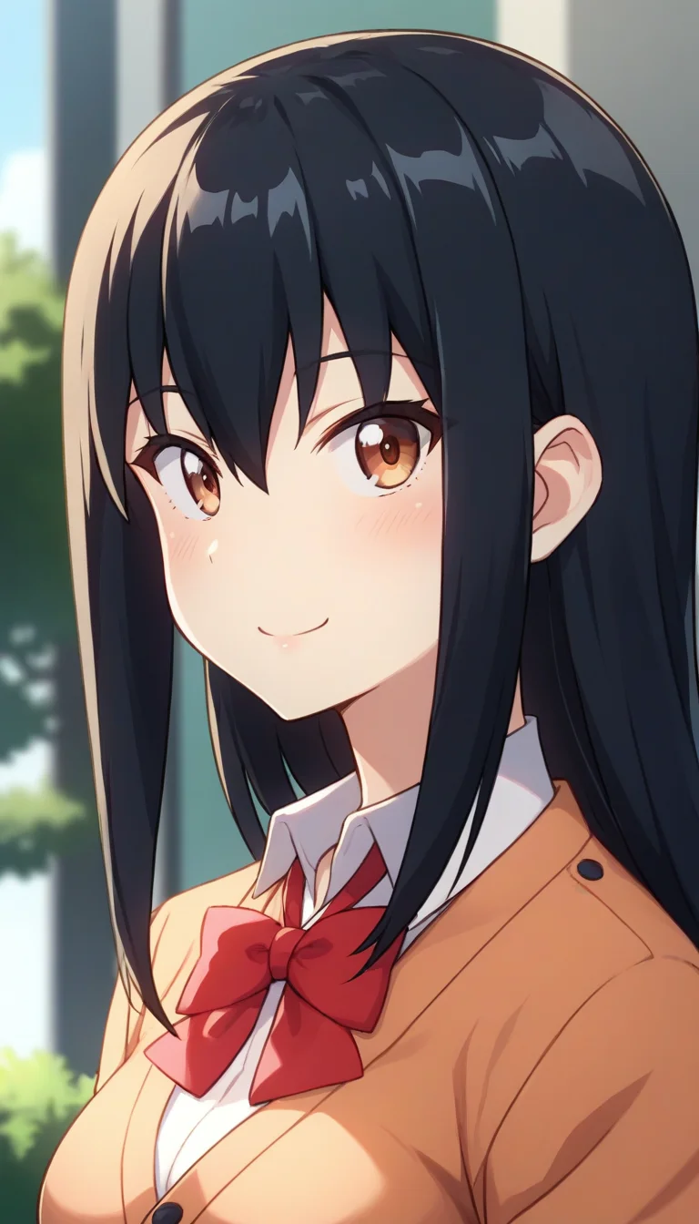 score_9,score_8_up,score_7_up,score_6_up BREAK official art,solo,outdoors,upper body,(portrait:1.5),looking at viewer,facing viewer,smile,blush,Machiko,long hair,black hair,sidelocks,hair between eyes,bangs,brown eyes,orange cardigan,red bowtie,collared shirt,white shirt,medium breasts,red skirt,plaid skirt,pleated skirt,black socks,loafers,<lora:Machiko(gd)-Pony:1.4>,