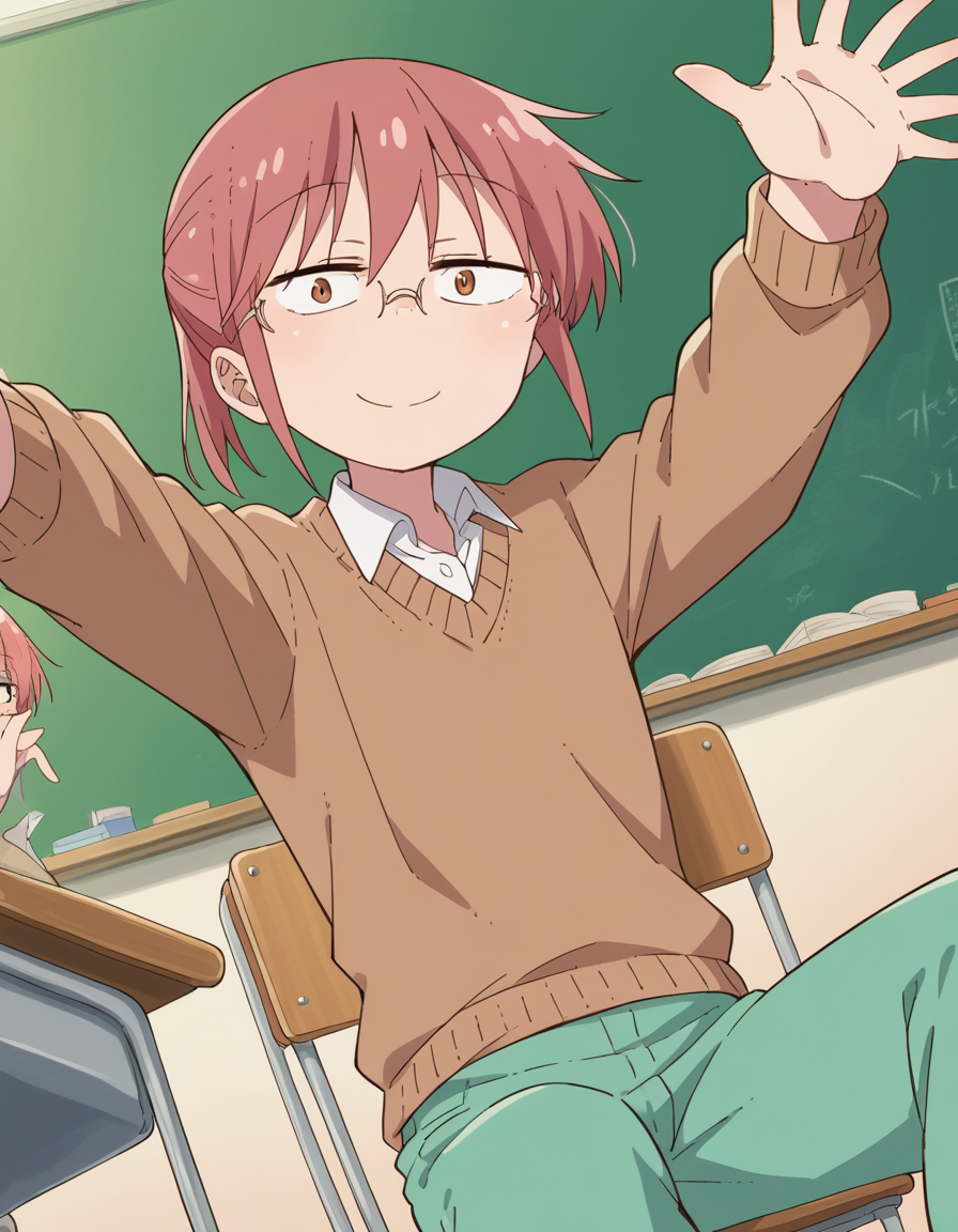 score_9, score_8_up, score_7_up, source_anime, <lora:dragon-kobayashi-s2-ponyxl-lora-nochekaiser:1>, kobayashi, ponytail, pink hair, glasses, short hair, brown eyes,, shirt, long sleeves, white shirt, collared shirt, pants, sweater, brown sweater, green pants,, classroom, chalkboard, day time, studying, sitting, chair, desk,, smile, , on back, arm support, arms up, incoming hug, pov, reaching, reaching towards viewer,, solo,, dutch angle,