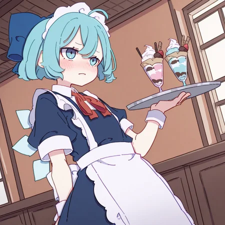 masterpiece, best quality, very aesthetic, absurdres, artist:kame \(kamepan44231\), by kame, kame_official, 1girl, cirno, alternate costume, apron, blue bow, blue dress, blue eyes, blue hair, bow, closed mouth, cowboy shot, detached wings, dress, enmaided, hair between eyes, hair bow, holding tray, ice cream, food, ice, ice wings, maid apron, maid headdress, puffy short sleeves, short hair, solo, tray, waist apron, white apron, white wrist cuffs, wings, hand up, indoors, frown, embarrassed, nose blush