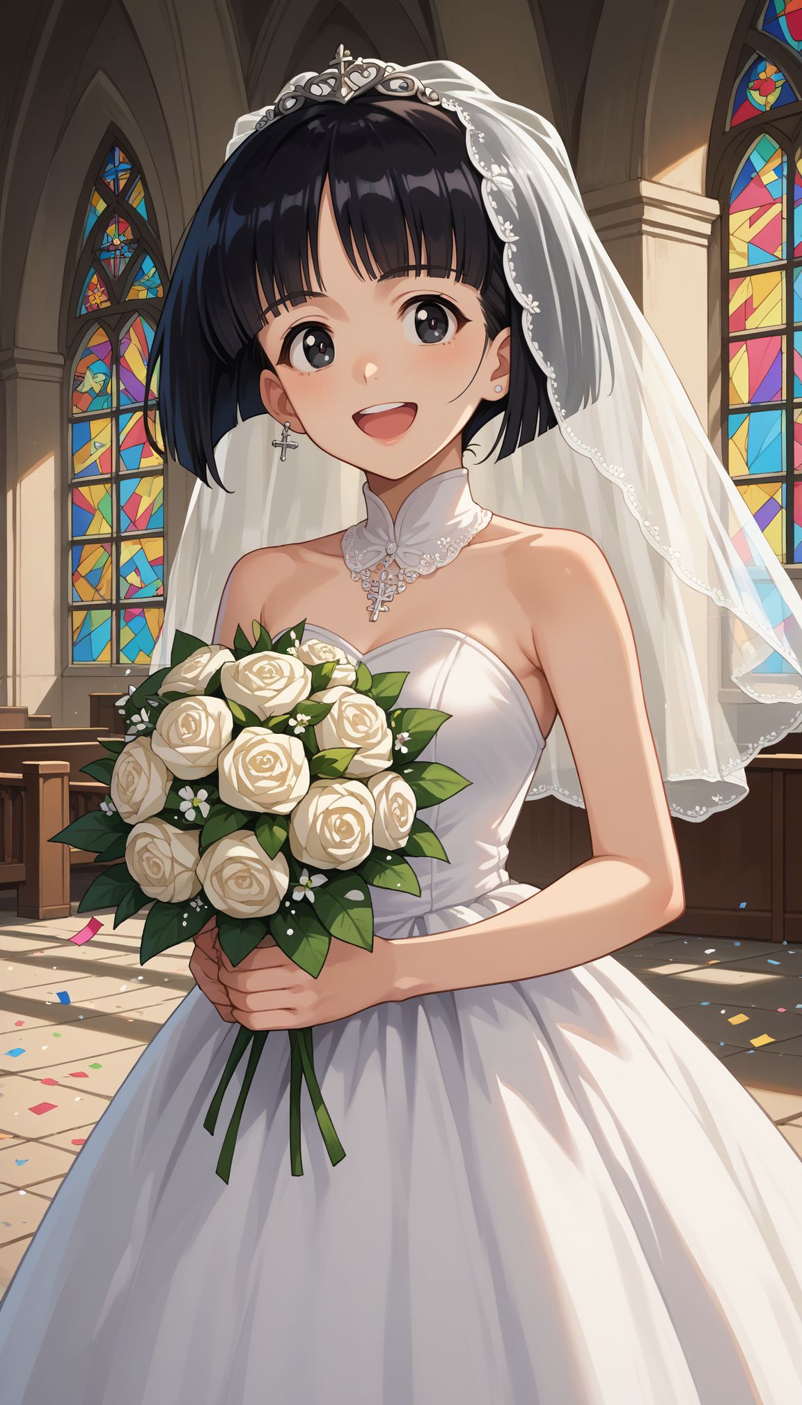 score_9, score_8_up, score_7_up, source_anime, outdoors,
   <lora:sono_midoriko :1> 1girl, black hair, short hair, blunt bangs, black eyes, bob cut, blunt ends, wedding dress, veil, church, holding bouquet, (confetti:1.1), smile, open mouth, white dress, wedding dress), indoors,
