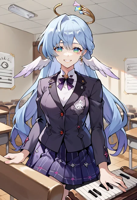 score_9, score_7_up, source_anime, BREAK solo, <lora:Char-HonkaiSR-Robin-Pony-V1:0.9> robin \(honkai: star rail\), head wings, halo, earrings, <lora:ChamShuujinAcademyUniformPonyXL:0.85> GirlUniform, shuujin academy school uniform, black jacket, plaid skirt, smile, piano, music classroom,