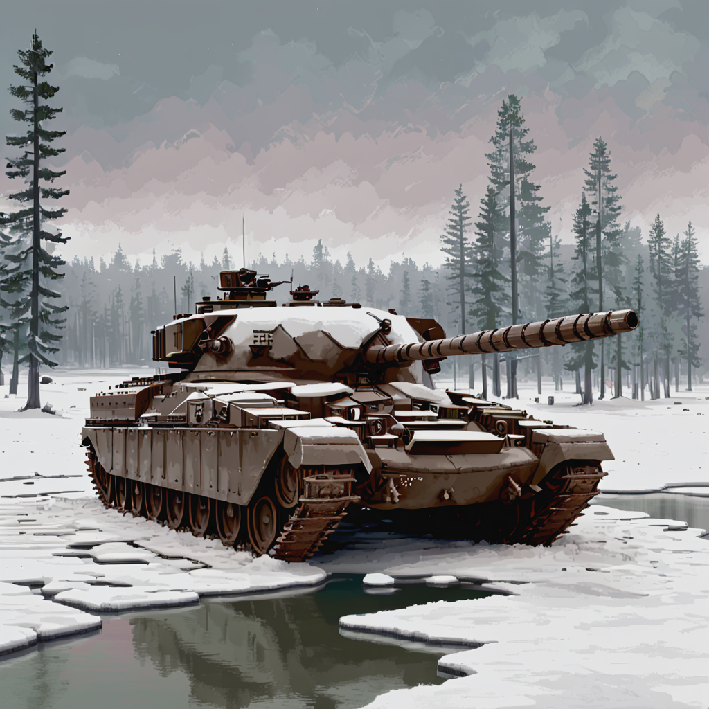 A chftntank tank in a winter setting, covered in snow, stationed on a frozen lake with snow-covered trees and a gray, overcast sky  ((pulp_comic, heavy_lines, hand_drawn, hand_inked, hand_colored, perfect_face, apxlz))