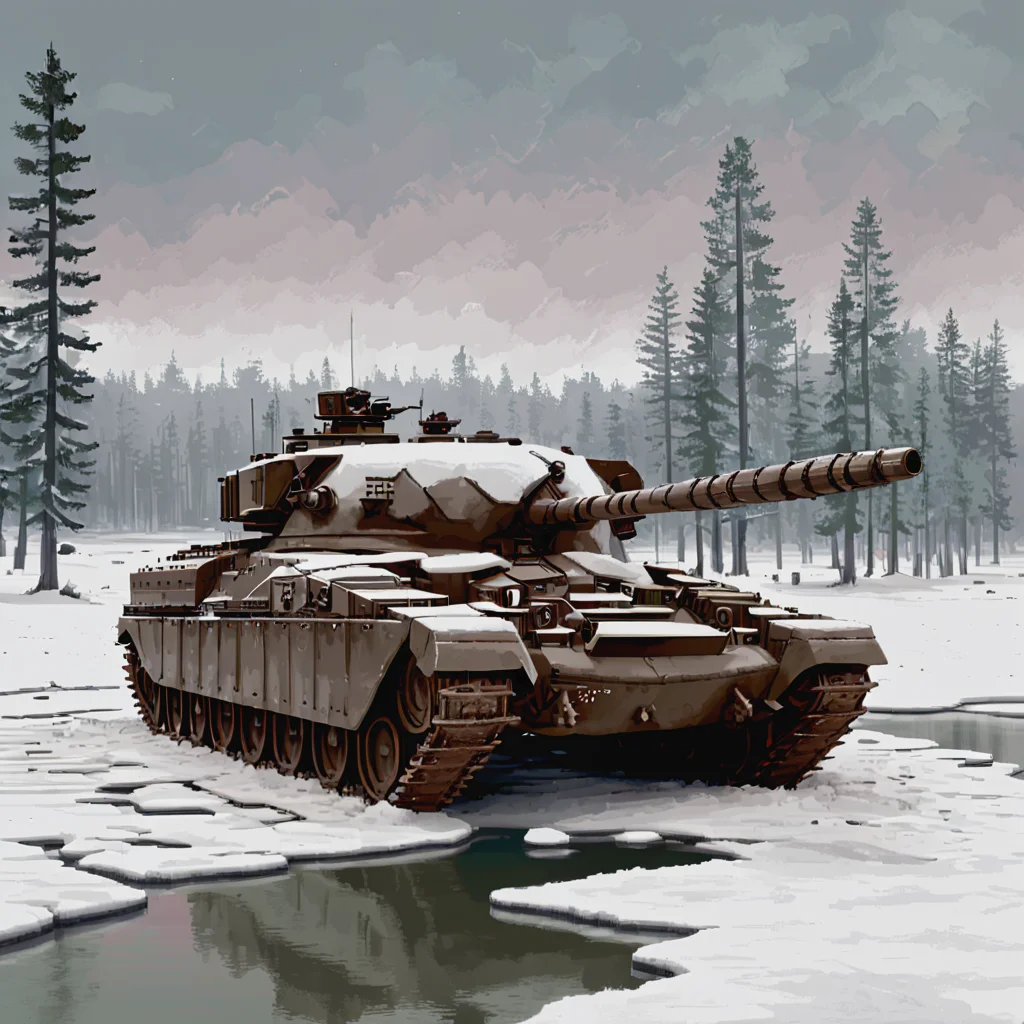 A chftntank tank in a winter setting, covered in snow, stationed on a frozen lake with snow-covered trees and a gray, overcast sky ((pulp_comic, heavy_lines, hand_drawn, hand_inked, hand_colored, perfect_face, apxlz))