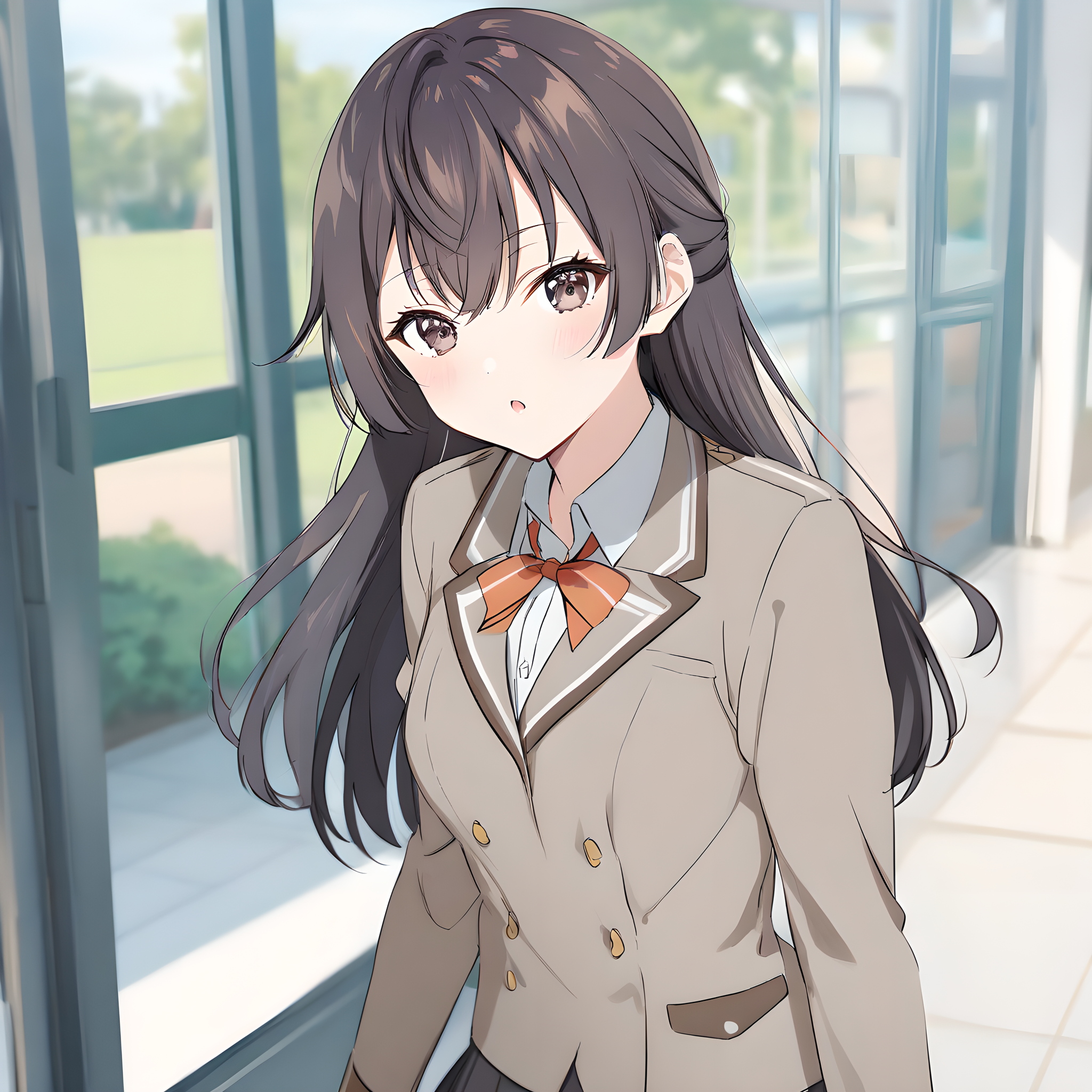 suou_yuki, brown hair, brown eyes, long hair, solo, 1girl, medium breasts, school uniform, skirt, jacket, :O, parted lips, looking at viewer, school background, <lora:XL-SuouYuki:1>