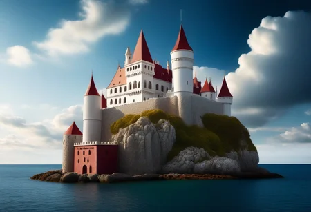 a (white stonework castle with red roofs) on a (rock spire) in a bay, (stone pier, Mole, Jetty), battlement, crenellations, Machicolations, rough sea, blue sky, clouds, sun beams, best quality, high Contrast, masterpiece, realistic, photo-realistic, amazing, finely detail, ultra-detailed, highres, extremely detailed, 8k wallpaper, wizz style