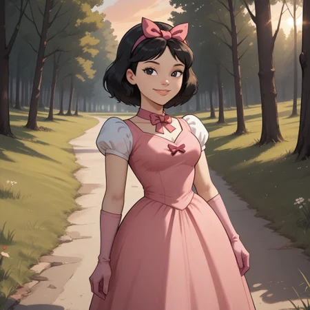 score_9, score_8, BREAK, solo, total drama, 1girl, black hair, pink hair bow, black eyes, lips, pink neck band, pink short dress, light pink gloves, pink footwear, Ella_(Total_Drama), tdpi, cute, sexy pose, self portrait, smile, outdoors, sunlight, shadows, evening lighting, natural lighting, forest, trees, grass, orange sky, sunset