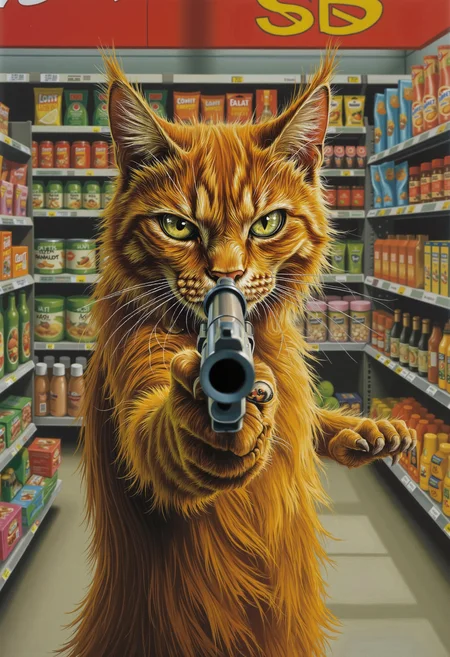 in the style of ckim, a evil cat is aiming a gun at the viewer, in a supermarket,