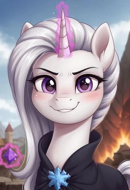 score_9, score_8_up, score_7_up, score_6_up, score_5_up, score_4_up, g4, solo, pony, feral pony, unicorn, white skin, silver mane, purple eyes, purple magic, black crown, black cloak, castle, volcano, castlevania, happy, smile, bedroom, look at you, blushing, cute, glare, high res,