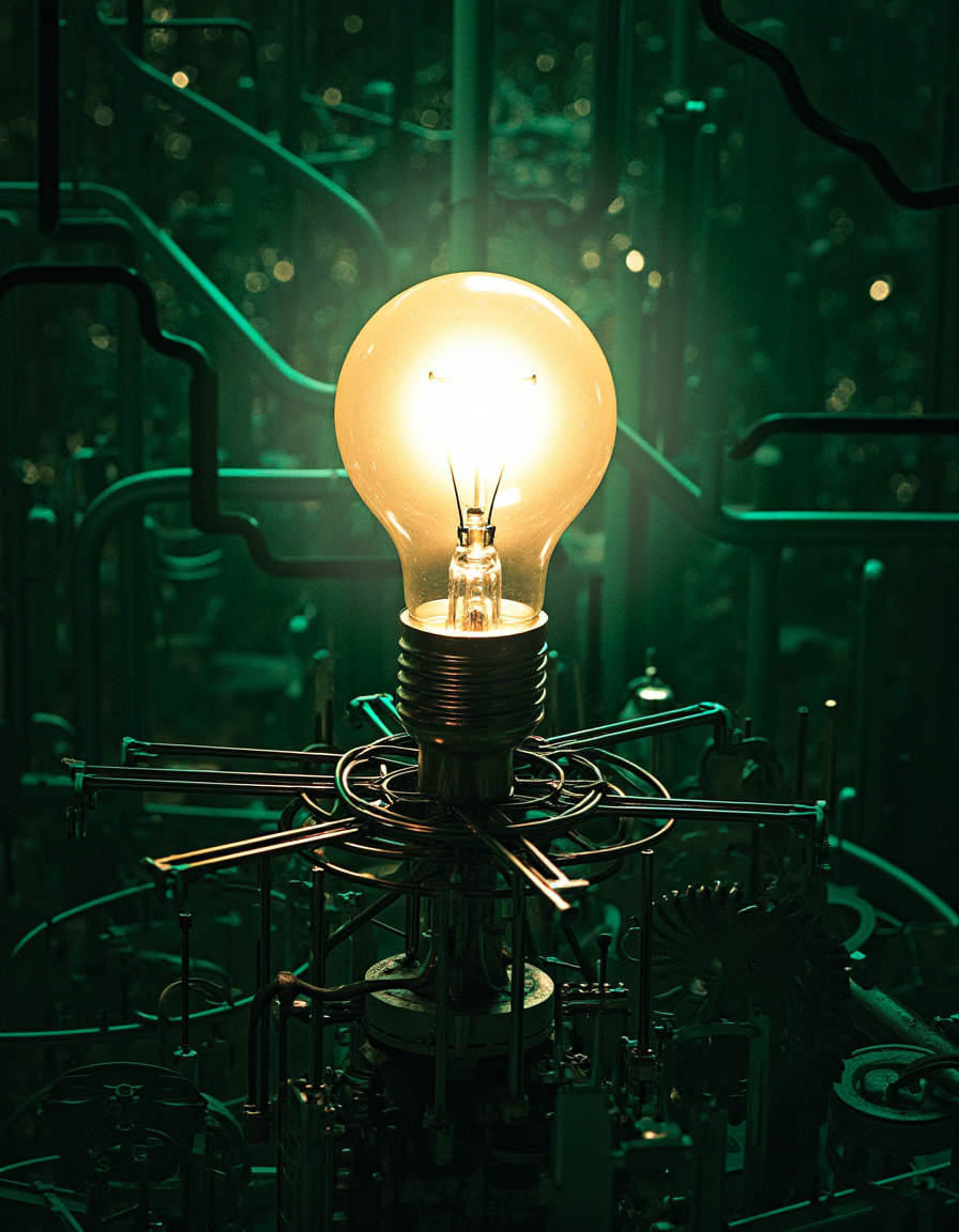 touch of verdigris style photograph, an abstract representation of 'innovation' as a brilliant lightbulb over a complex network of gears and circuits, shining brightly in the imaginative style