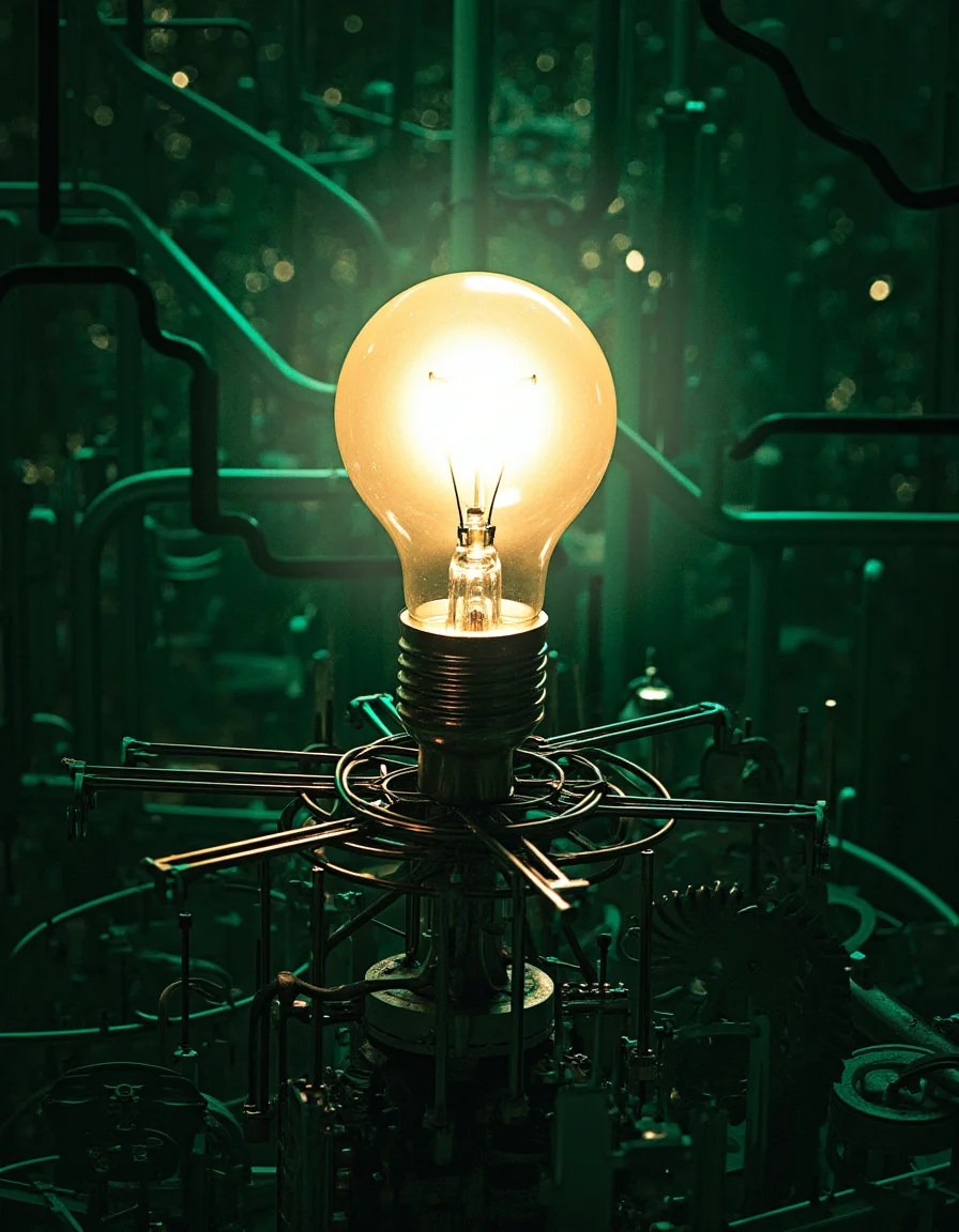 touch of verdigris style photograph, an abstract representation of 'innovation' as a brilliant lightbulb over a complex network of gears and circuits, shining brightly in the imaginative style