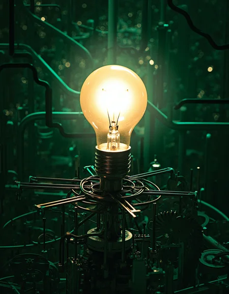 touch of verdigris style photograph, an abstract representation of 'innovation' as a brilliant lightbulb over a complex network of gears and circuits, shining brightly in the imaginative style
