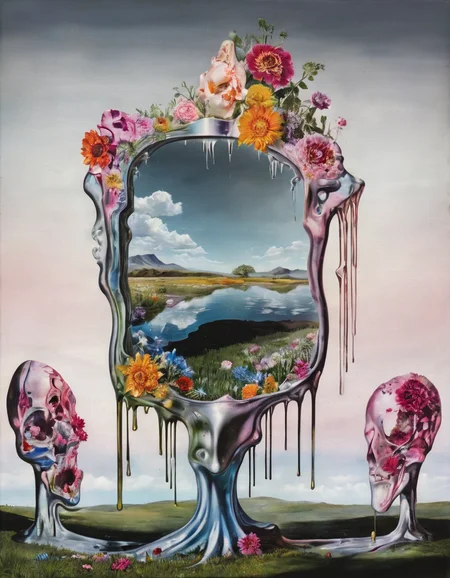 <lora:surr:0.7>surr, otherworldly dreamscape where gravity is an illusion, abstract anatomy dripping, melted  made out of broken mirrors and flowers covered in liquid glass