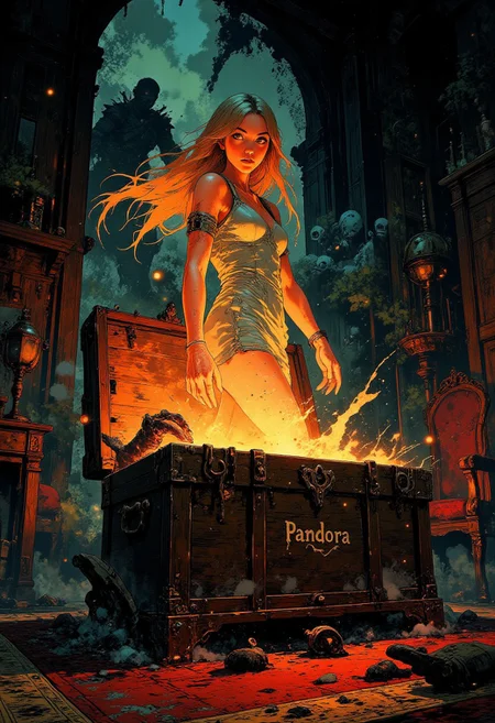 Anime art. Scene of a girl struggling to close the lid of a large chest. Pretty 20 year old girl with long blonde hair with auburn highlights. She is a wearing a short pale blue summer dress. She has a slender physique and thin waist. She is scared yet determined to close the lid on the chest. A creature inside the chest is attempting to break free. The creature's demonic hand is trying to escape from the chest. "Pandora" is written on the chest in white." Small black demonic creatures are seen scattered around the room watching the girl struggle with the chest. The room is very dark. It is an ornate living room with Persian rugs and fancy leather furniture. The mood is dark and foreboding, as the last demon in the chest is fate. Perfect hand. VibrantlyDark style. Highest quality, best quality, masterpiece.