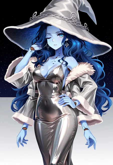 solo,1girl, abstract starry sky background,
silver dress, shiny clothes, backless dress, bare shoulders,
fur-trimmed jacket, fur-trimmed sleeves, cropped jacket, puffy sleeves, wide sleeves, see-through sleeves:1.6, silver jacket,
Jedpsil, polished steel,
C0utur3Cr4z3,
standing, contrapposto, hand on own hip, hand in own hair, looking at viewer, from side,
BREAK,
RnnDef, one eye closed, wavy hair, (4 arms:1.2), extra faces, ghost face, cracked skin, doll joints,
blue hair, blue skin, blue eyes, long hair, extra arms, doll joints, witch hat, fur-trimmed hat,
big hair, very long hair,
medium breasts, cleavage, wide hips, narrow waist, deltoids, earrings, armlet, silver jewelry,