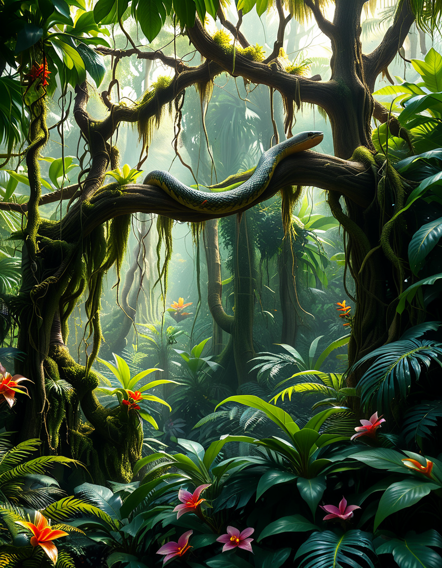 A dense and vibrant jungle,jungl3, captured in a realistic photographic style, with lush green foliage of various tropical plants, tall trees covered in moss and vines, and sunlight filtering softly through the canopy above. The atmosphere feels humid and alive, with small details such as ferns, orchids, and a scattering of tropical flowers in shades of red, yellow, and purple. A narrow, winding dirt path cuts through the undergrowth, partially hidden by fallen leaves and roots. The scene feels immersive and serene, with subtle mist lingering in the distance, enhancing the sense of depth and mystery. The overall lighting is natural, with dappled sunlight creating dynamic shadows on the ground and the surrounding plants.
<lora:jungl3:1><lora:SDXLFaeTastic2400:0.4> <lora:extremely_detailed:0.4> extremely detailed, Masterpiece,best quality,hi res,8k,hi res,8k,award winning,(sharp focus, intricate, highly detailed),