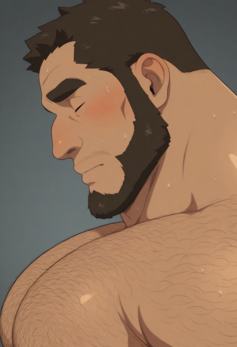 Anime, quality,high quality,masterpiece,extremely detailed, dark skin, best aesthetic, duckchr, solo, blush, short hair, brown hair, 1boy, closed eyes, upper body, nude, sweat, from side, muscular, facial hair, thick eyebrows, muscular male, bara, beard, close-up, sideburns, mature male, sexually suggestive, chest hair, arm hair, male focus, hairy chest, bodybuilder hairy body, huge muscles
