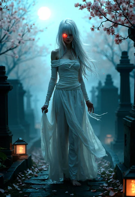 Photorealistic photography of an Ethereal bandaged figure with glowing eye A delicate female figure with silver hair, wrapped in bloody white bandages, with a glowing red eye, standing in a stark, minimalistic environment.The character delicately holds a strand of her hair, twirling it slightly.A peaceful cemetery with old, weathered gravestones, surrounded by mist and softly glowing lanterns.A tranquil grove filled with blooming cherry blossom trees, with petals gently falling to the ground.A dark, starry night with a full moon casting a gentle, silver glow over the scene.
