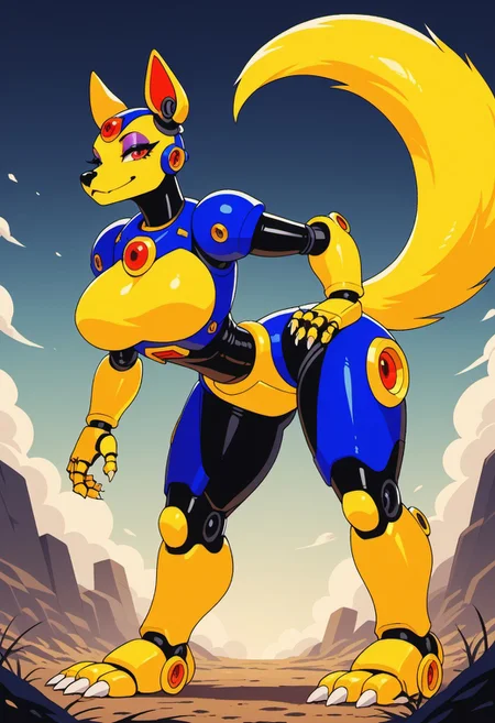 score_9, score_8_up, score_7_up, score_6_up, score_5_up, FMIXF, vibrant details, eyeliner, source_furry, view from below, (eyeshadow:1.6), feminine eyelashes, 1girl, female, thin waist, (large breasts:1.5), (yellow arms:1.2), (yellow legs:1.2), (yellow tail:1.2), friender, blue fire dog, giant, blue armor, feral, robot, robotic, black nose, red eyes, transparent, fireball, (tail:2), friender, fire