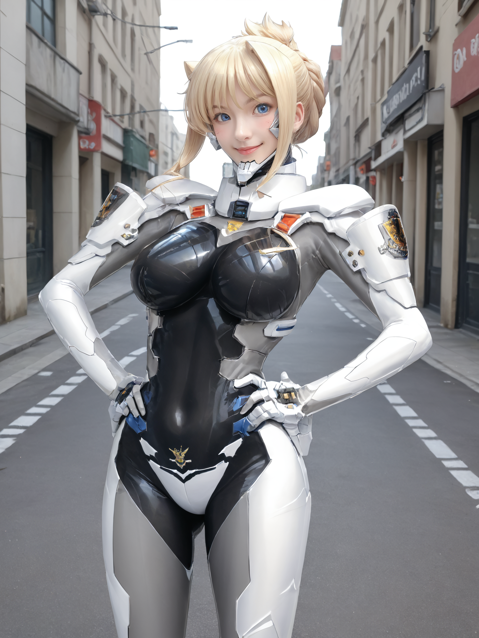 score_9, score_8_up, score_7_up, zPDXL, zPDXLpg, <lora:offset_0.2:0.1>, <lora:spo_sdxl_10ep_4k-data_lora_webui:1>,
1girl, solo, realistic,
germanfortifiedsuit, <lora:German_Fortified_Suit_v2:1>,
ilfriede von feulner, blonde hair, blue eyes, folded ponytail, single hair bun, sidelocks, large breasts,
smile, blush, looking at viewer, hands on own hips, cowboy shot, facing viewer, ass visible through thighs,
outdoors, city, street