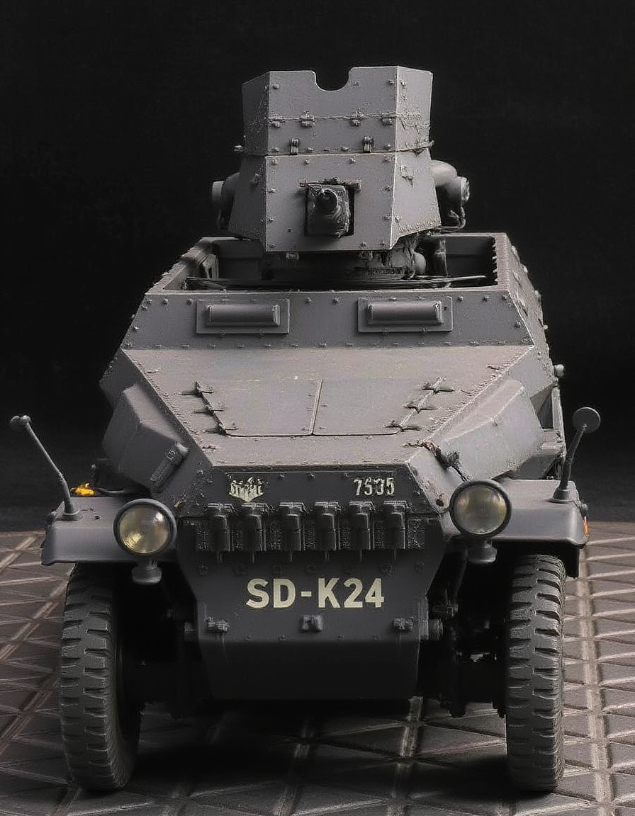 ,  <lora:sd-kfz-251-10:1>sd-kfz-251-10:ã
A German WWII combat vehicle equipped with a 37mm anti-tank gun on an open-top half-track.Three-quarter view.German identification mark of a cross. no humans.