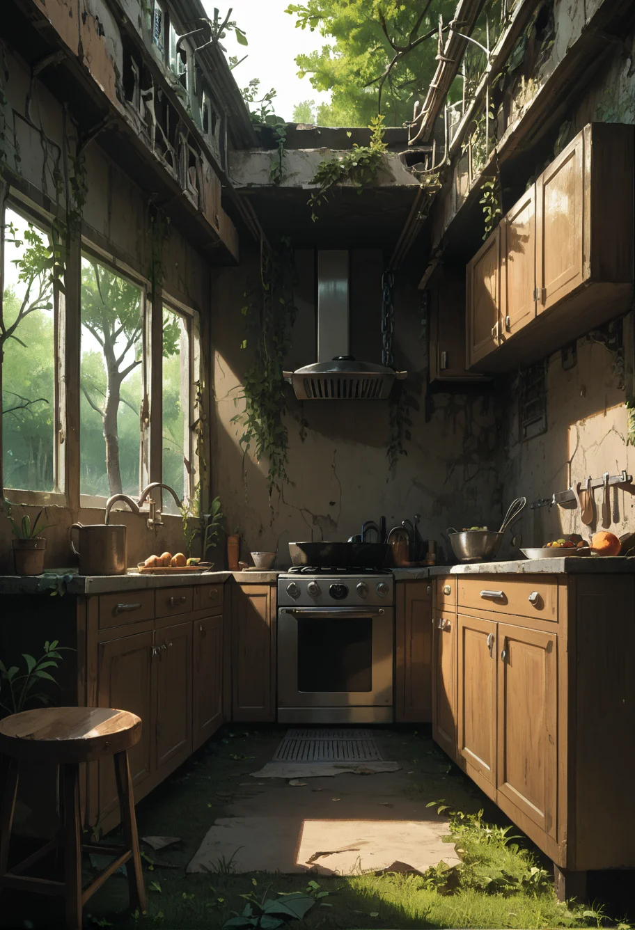 ,ruanyi0777,overgrown,tree,indoors,ruins,kitchen,kitchen hood,<lora:0777 no one world_v1_pony:1>, score_9,score_8_up,score_7_up,,8k,1girl,solo,