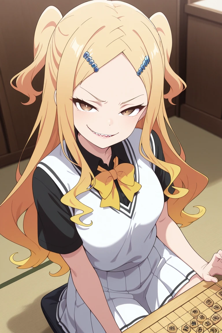 masterpiece, best quality, amazing quality, 1girl, solo, BREAK
ikarno,blonde hair,long hair, two side up, hair ornament, brown eyes,shark teeth,school uniform, black shirt,yellow bowtie, white pleated skirt,
BREAK indoors,looking at viewer, board game,shogi,smirk