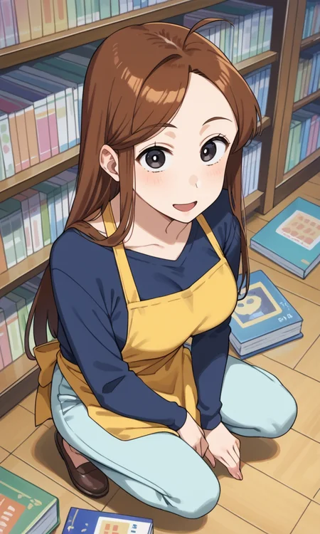 (1girl:1.5), (solo:1.3), (score_9, score_8_up, score_7_up, score_6_up, score_5_up, score_4_up), (source_anime), (rating_questionable), (book-nakamura), (black eyes, brown hair, long hair, ahoge, forehead, swept bangs), (dark blue sweater, light blue pants, yellow apron), (large breasts), <lora:book-nakamura-late_v1:0.8>, smile, open mouth, looking at viewer,
indoors, bookstore, bookshelf, cowboy shot,
squatting, holding books, (from above:1.3)