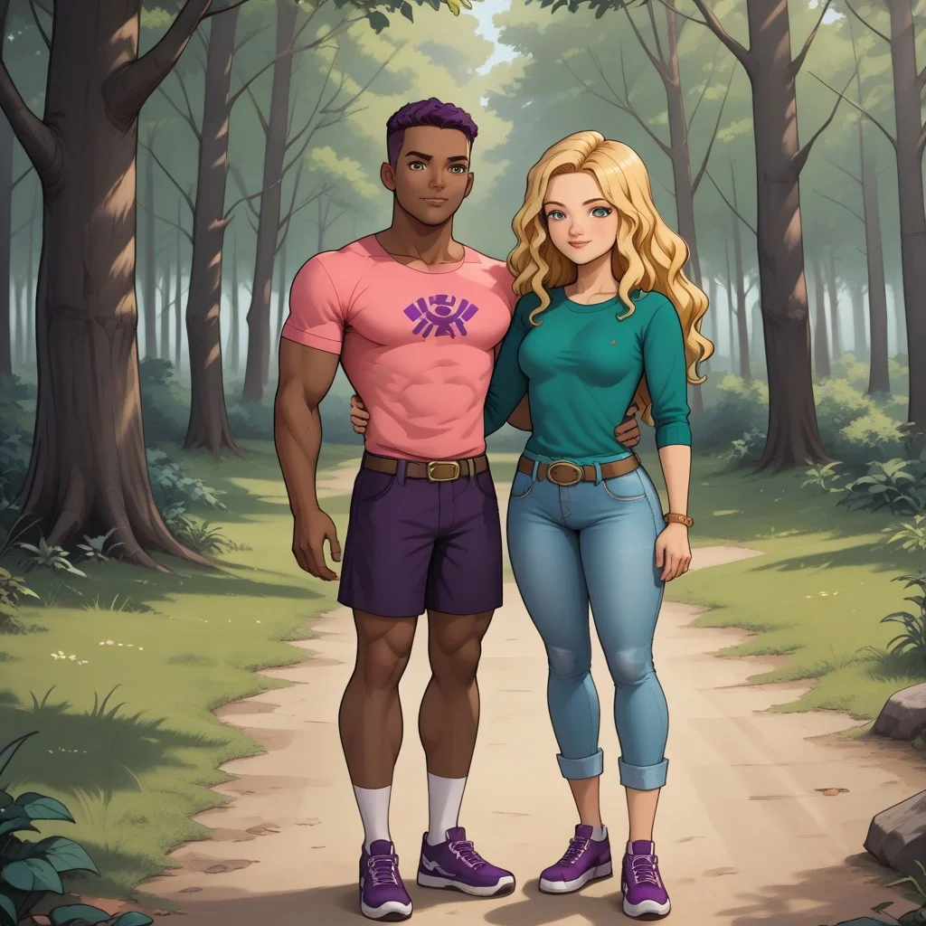 masterpiece, best quality, score_9, break. Caryan, (1boy, ryan, black, tall, muscular, muscular male, dark skin, dark skin male, pink shirt, purple weightlifting print, dark purple shorts, white socks, dark magenta sneakers), break, (1girl, carrie, blonde hair, wavy hair, teal shirt underneath, dark green sweater, bracelet, brown belt, light blue jeans, black shoes), hug, forest, natural lighting