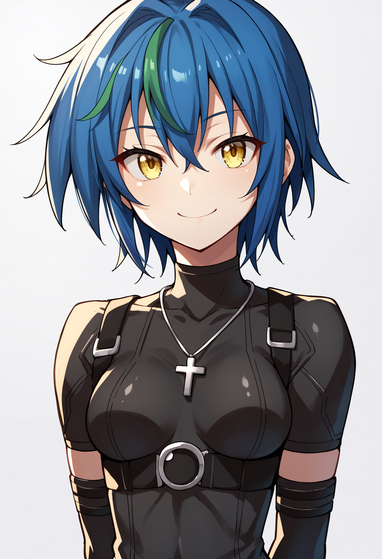 score_9, score_8_up, score_7_up, score_6_up, score_5_up, score_4_up, BREAK, source_anime,
1girl, xenovia, blue hair, streaked hair, hair between eyes, short hair, yellow eyes,
black leotard, skin tight short sleeves, cross necklace, fingerless elbow gloves,
hands behind back, smile, upper body, looking at viewer, solo, simple background, white background   <lora:XenoviaXL:1>